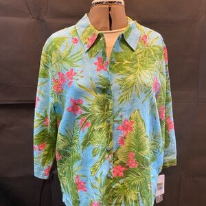 Jones New York, Tropical Floral Linen Blouse, Size L